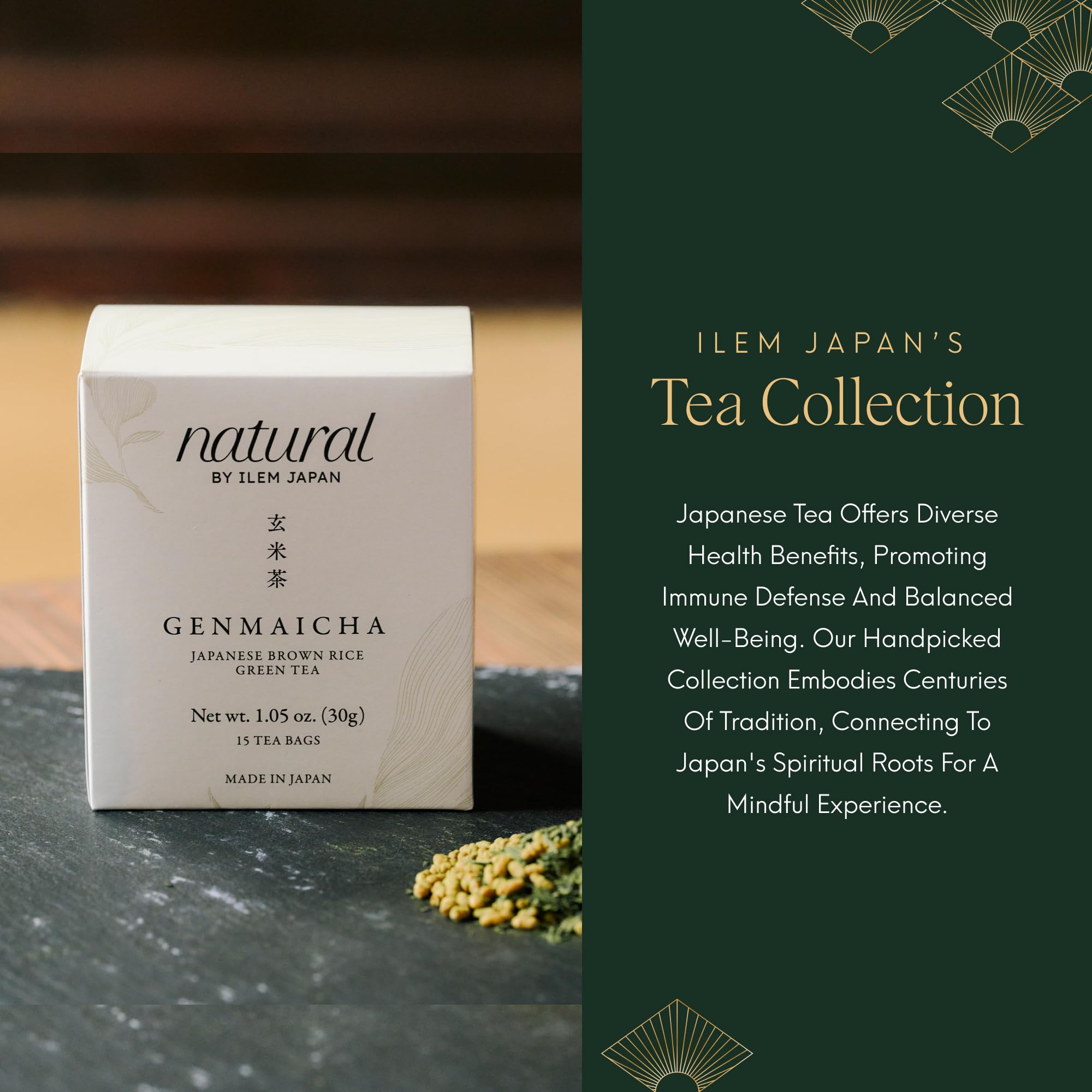 ILEM JAPAN Genmaicha Japanese Brown Rice Roasted Green Tea | Sourced From South Japan | Green Tea Leaves | 15 Tea Bags