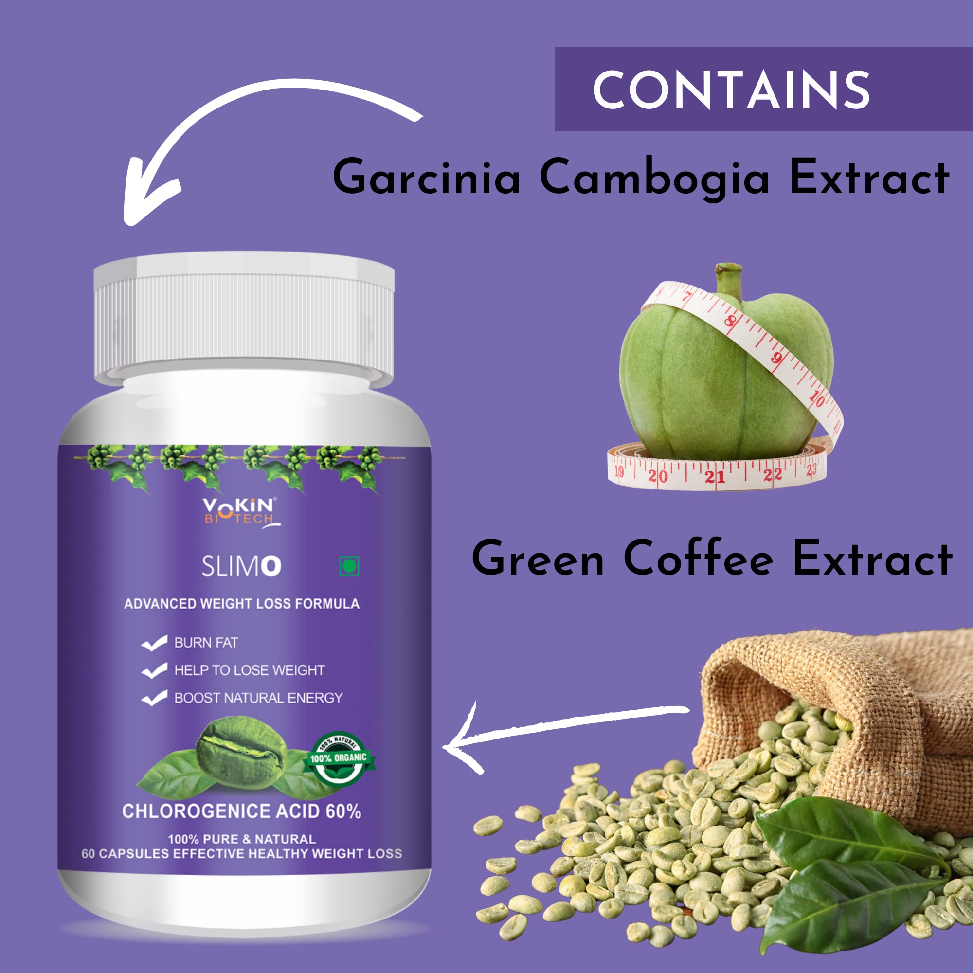 Vokin Biotech Slimo Advanced Weight Loss Formula with Green Coffee Extract 100mg and Garcinia Cambogia Extract 500mg Fat Burner for Men and Women