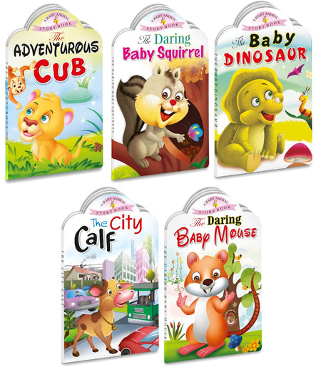 Sawan Set Of 5 Story Books Baby Animals Series (Adventurous Cub,Baby Squirrel,Baby Dinosaur,City Calf & Baby Mouse) [Board Book] Sawan