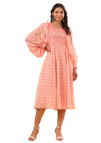 Juniper Women's Peach Ethnic Motif Printed Georgette Midi Dress With Sequins Work - Distacart