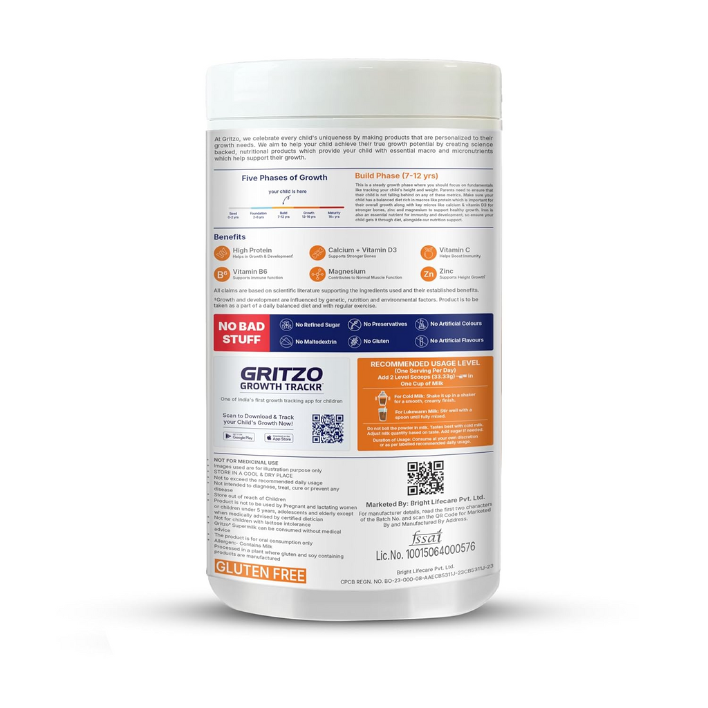 Gritzo SuperMilk Overall Growth (7-12y Boys), 9g Protein (Double Chocolate, Zero Refined Sugar, 20 Vitamins & Minerals - Distacart