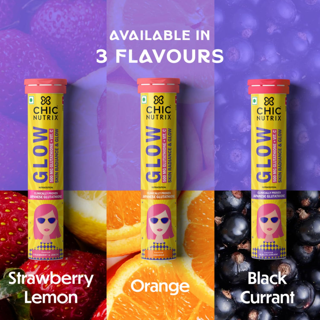 Chicnutrix Glow 500mg Effervescent Tablets - Strawberry & Lemon Flavor, For Glow & Radiance Skin - Distacart