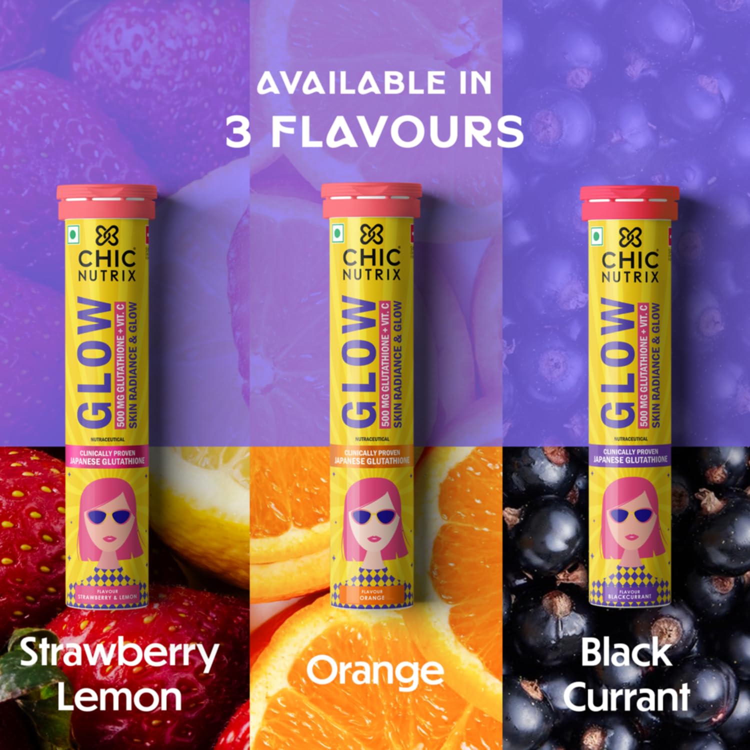 Chicnutrix Glow 500mg Effervescent Tablets - Strawberry & Lemon Flavor, For Glow & Radiance Skin - Distacart