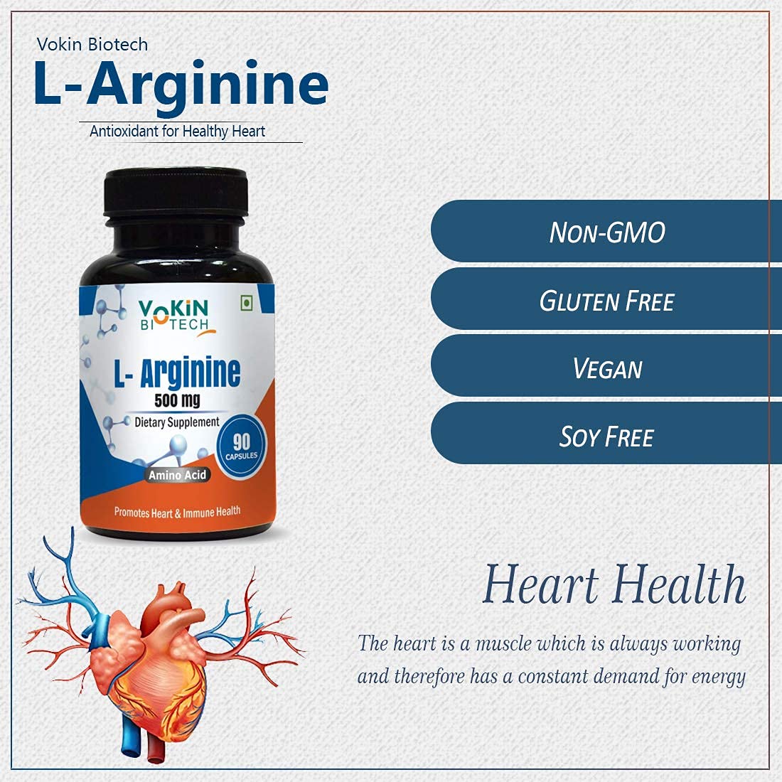 Vokin Biotech L Arginine 500mg With Essential Amino Acid and Nitric Oxide