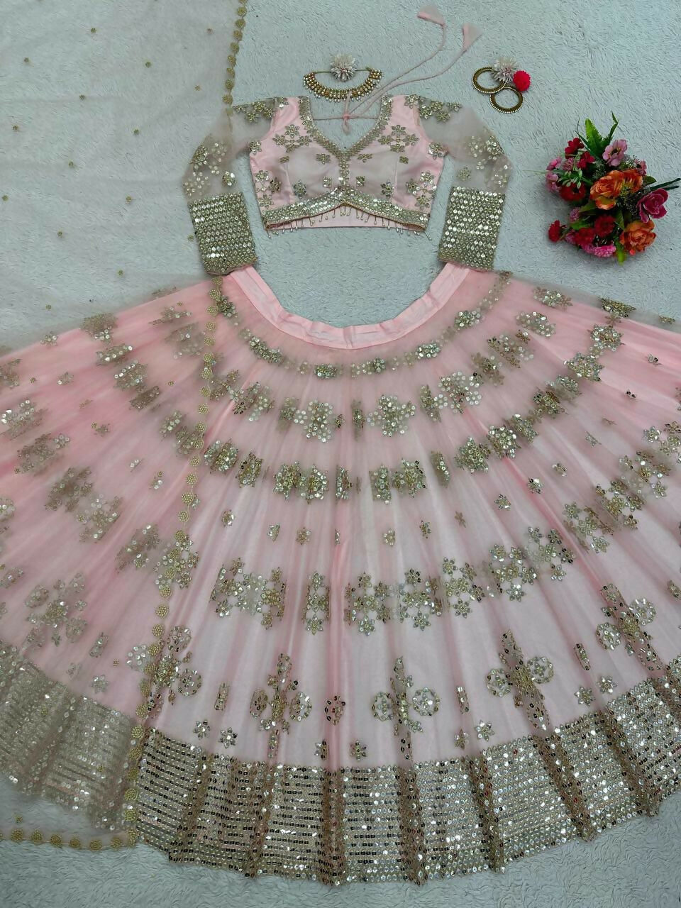 Jyoti Fashion Women's Baby Pink Butterfly Net 9MM Sequins with Thread Embroidered Designer Lehenga Choli Set