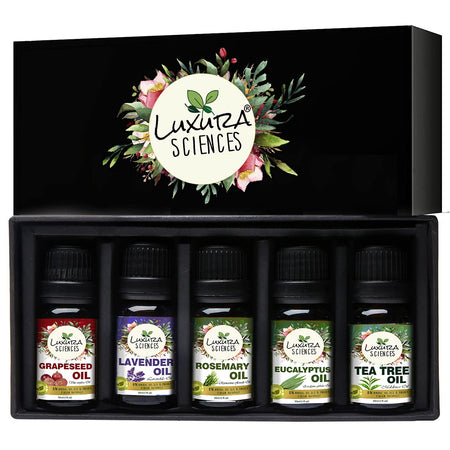 Luxura Sciences Organic Essential Oils for Anti Acne - Tea Tree Oil, Lavender Oil, Eucalyptus Oil, Grapeseed Oil, Rosemary Oil