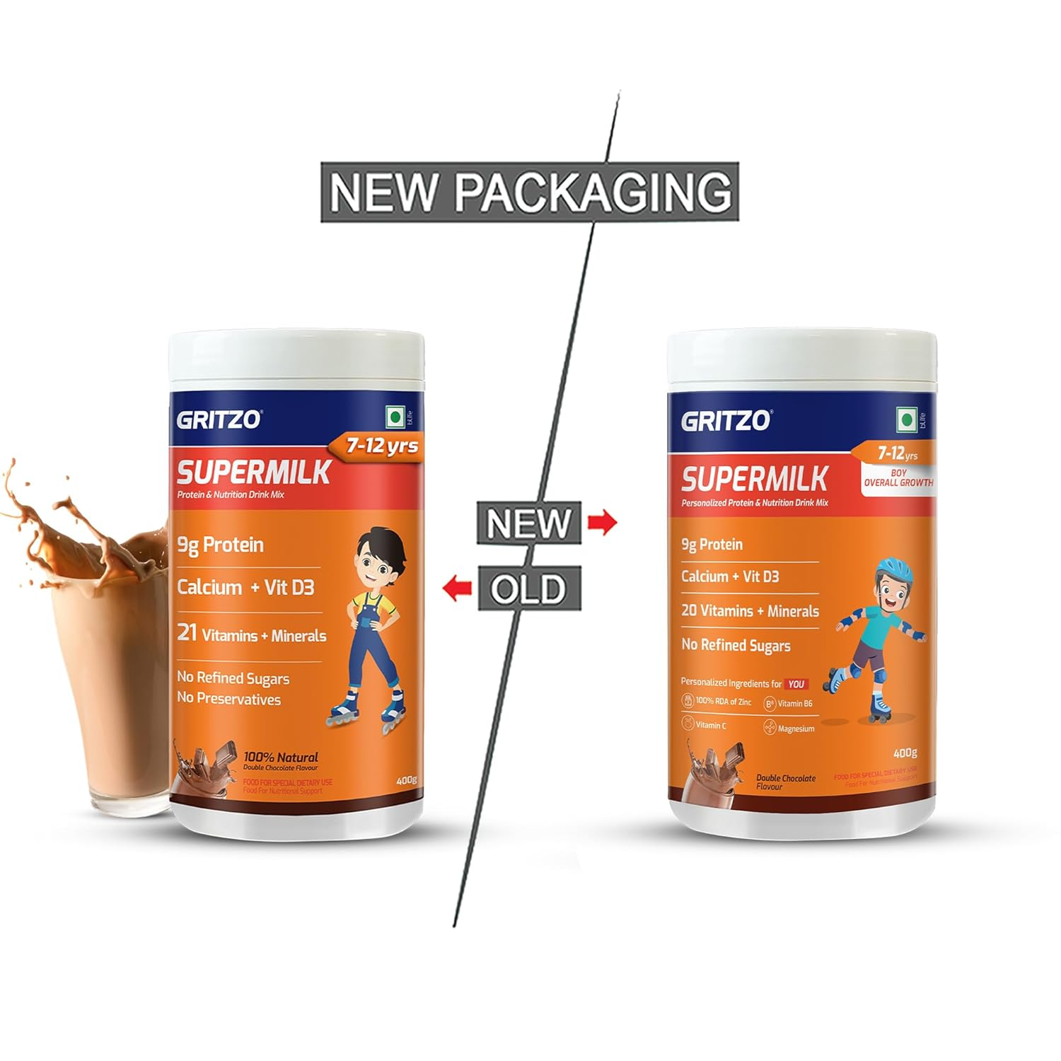 Gritzo SuperMilk Overall Growth (7-12y Boys), 9g Protein (Double Chocolate, Zero Refined Sugar, 20 Vitamins & Minerals - Distacart