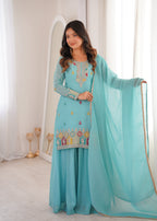 Lorenvalley Fashion Skyblue Crunchy Silk with Embroidery Sequence, Dori, Jari Work Kurta Palazzo with Dupatta - Distacart