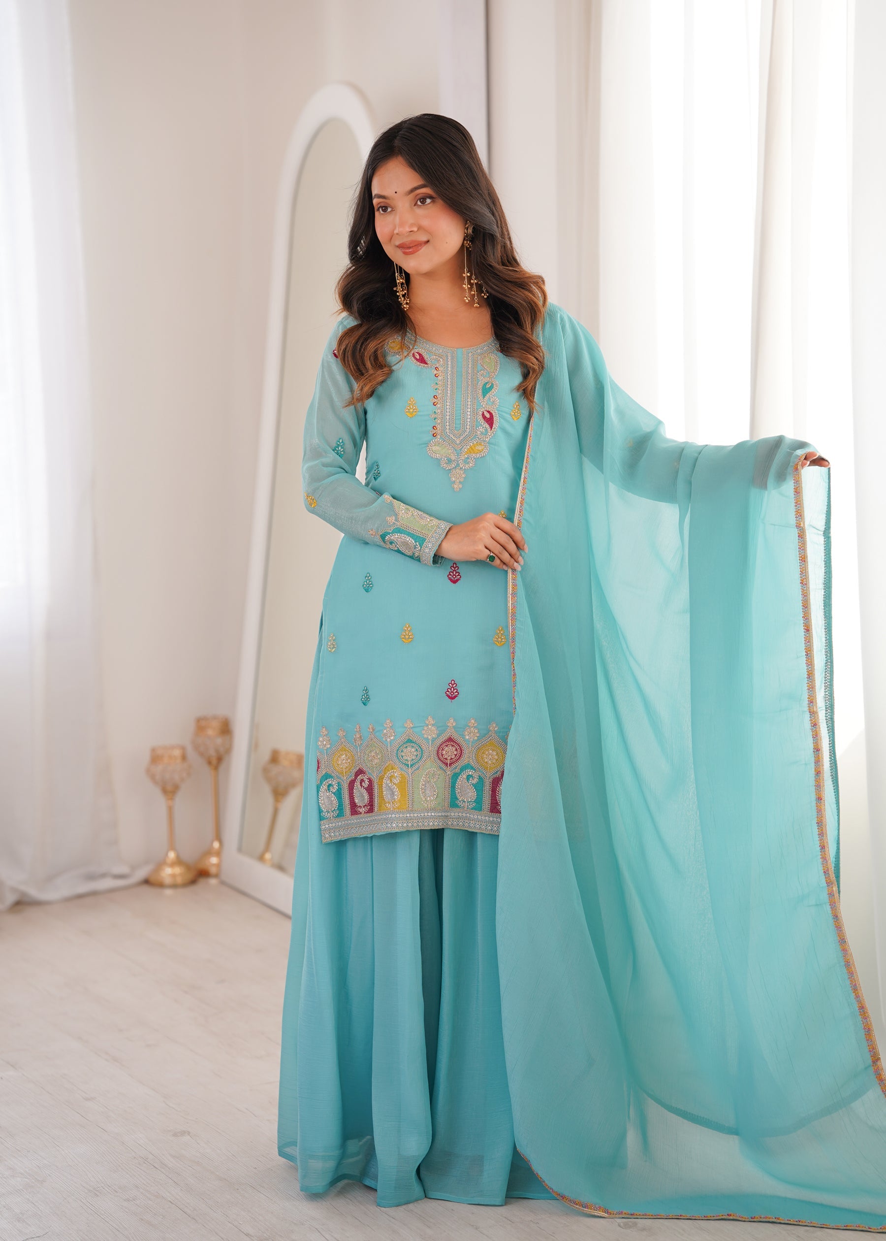 Lorenvalley Fashion Skyblue Crunchy Silk with Embroidery Sequence, Dori, Jari Work Kurta Palazzo with Dupatta - Distacart