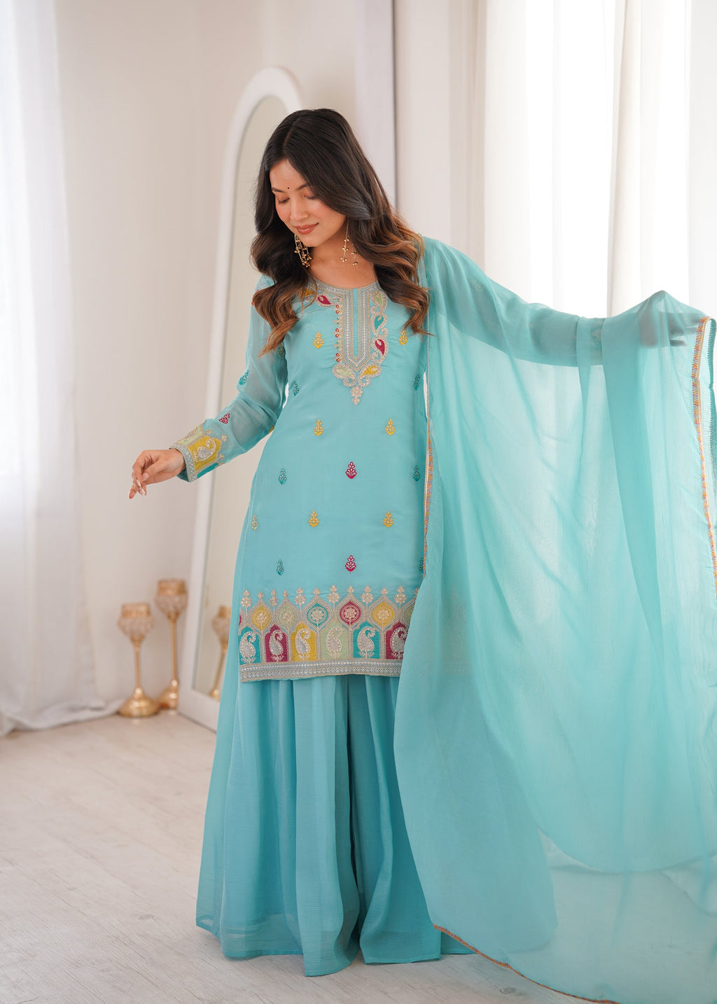 Lorenvalley Fashion Skyblue Crunchy Silk with Embroidery Sequence, Dori, Jari Work Kurta Palazzo with Dupatta - Distacart