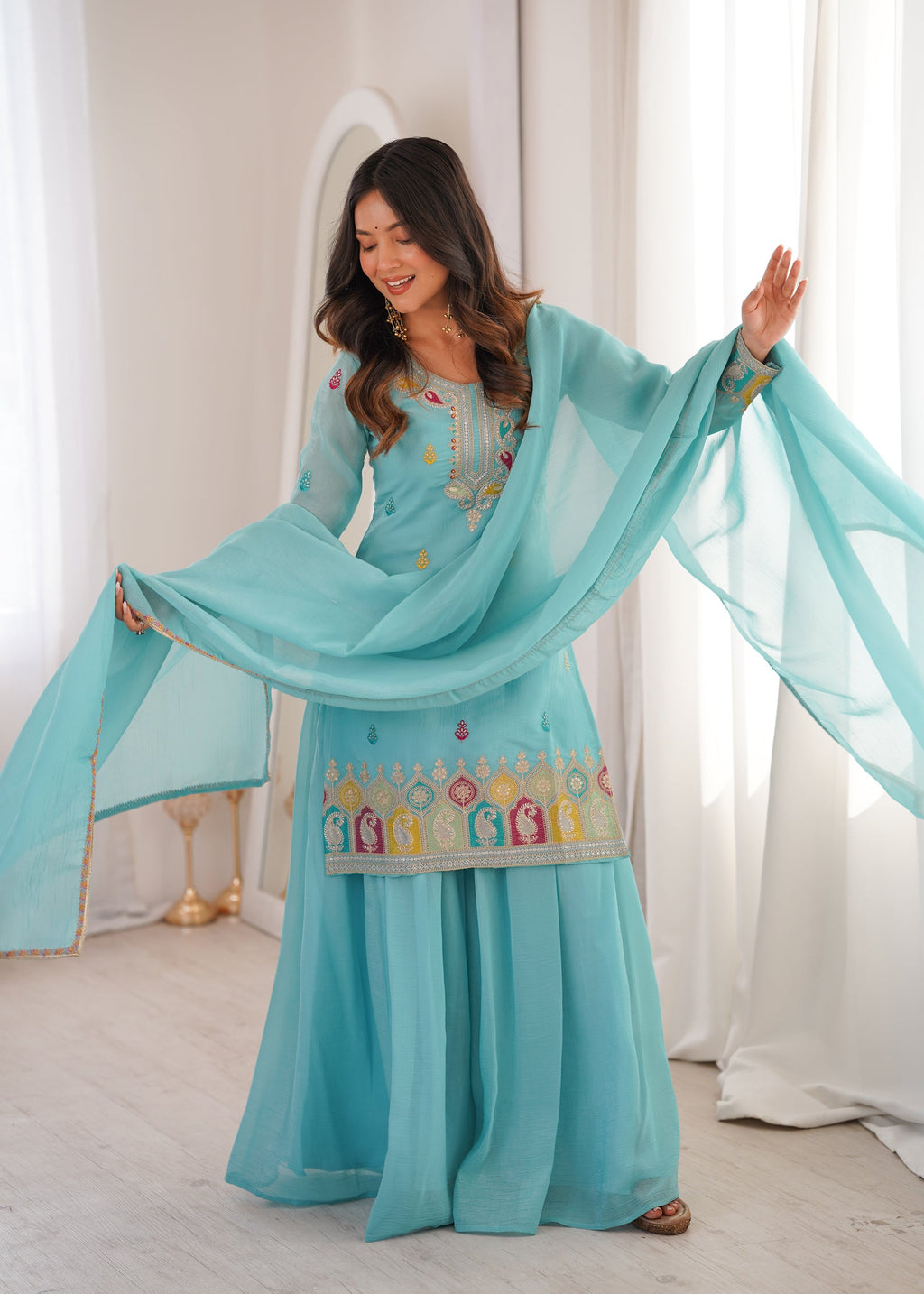 Lorenvalley Fashion Skyblue Crunchy Silk with Embroidery Sequence, Dori, Jari Work Kurta Palazzo with Dupatta - Distacart
