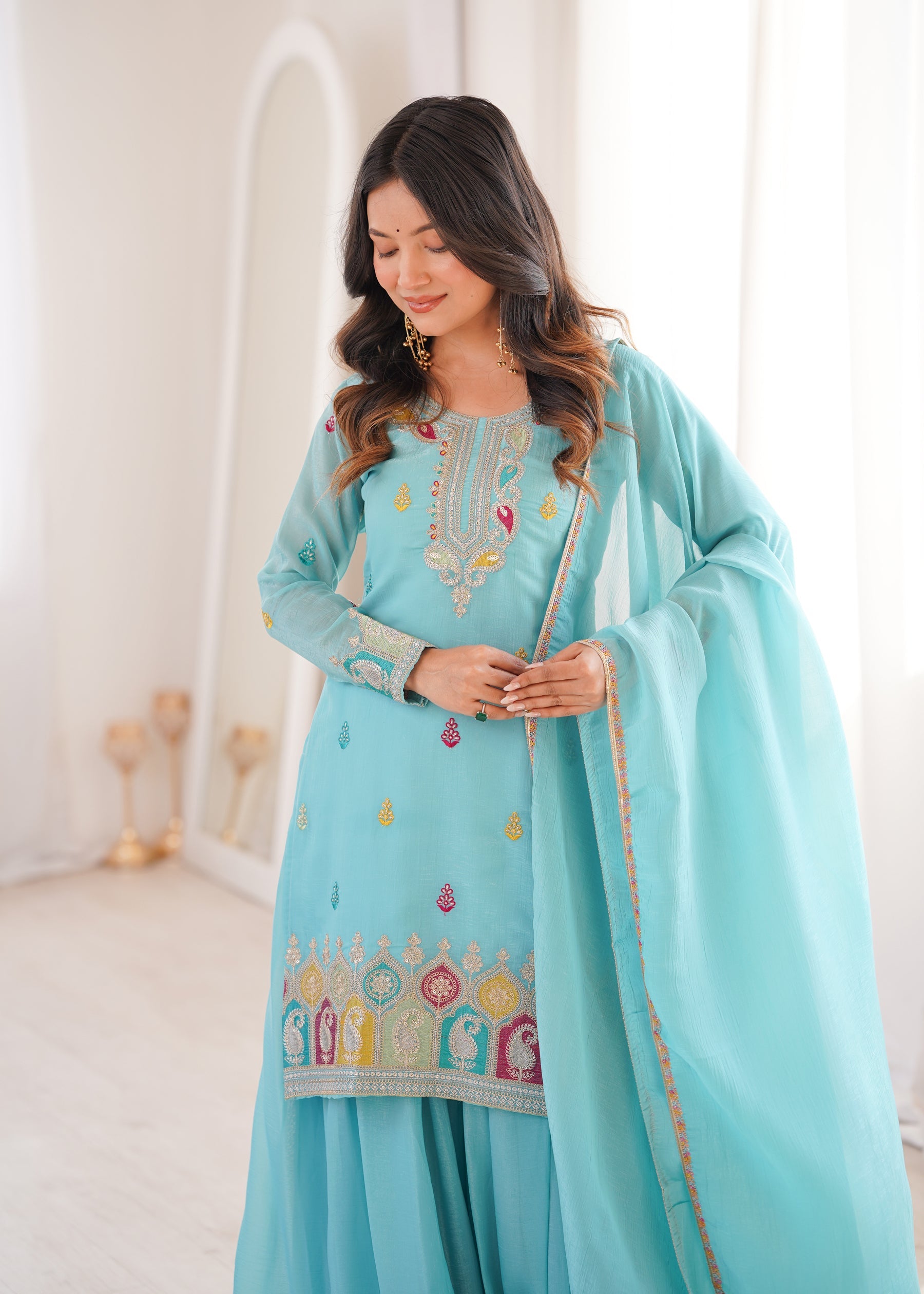 Lorenvalley Fashion Skyblue Crunchy Silk with Embroidery Sequence, Dori, Jari Work Kurta Palazzo with Dupatta - Distacart