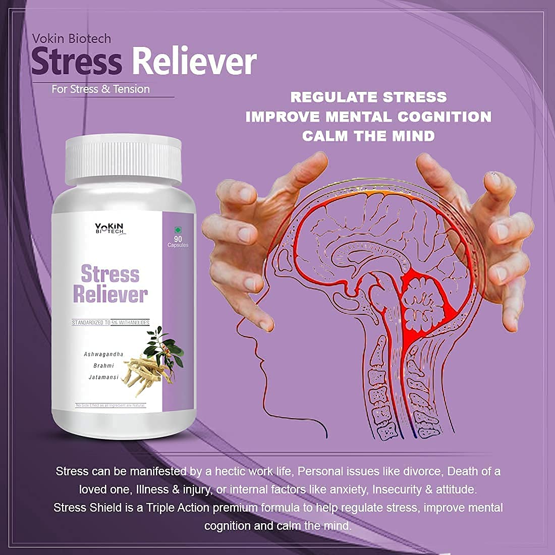 Vokin Biotech Stress Reliever Capsule Support for Stress, Fatigue and Tension (Gold standard Ashwagandha, Brahmi, Jatamansi- General Wellness