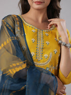Juniper Women's Mustard Silk Zari Embroidered Kurta Pant Dupatta Set - Distacart