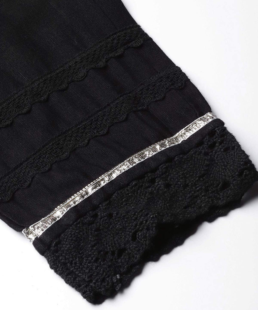 Juniper Women's Black Solid Cotton Flex Straight Fit Pants With Lace & Gota Work