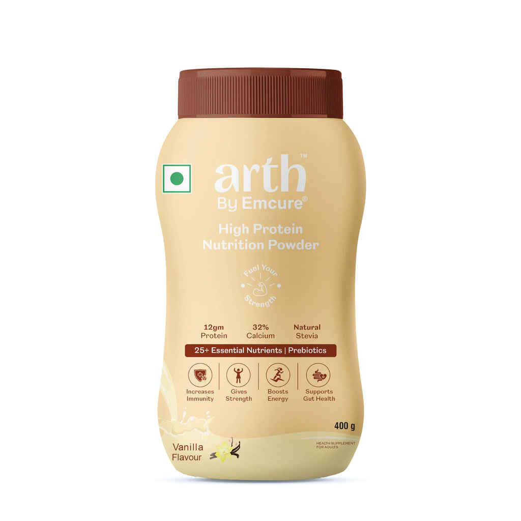 Arth High Protein Nutrition Powder | 12g Protein per Serving | 25+ Essential Nutrients with Prebiotic | No Added Sugar | Supports Energy, Strength & Immunity | 400gm (Vanilla Flavour)