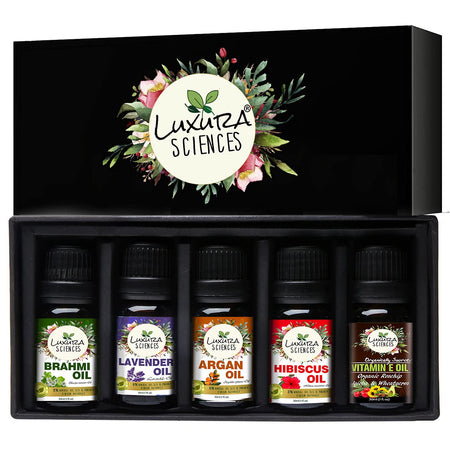 Luxura Sciences Organic Essential Oil - Hibiscus Oil, Brahmi Oil, Argan Oil, Lavender Oil, Vitamin E Oil