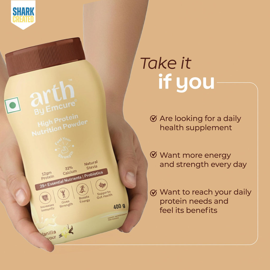 Arth High Protein Nutrition Powder | 12g Protein per Serving | 25+ Essential Nutrients with Prebiotic | No Added Sugar | Supports Energy, Strength & Immunity | 400gm (Vanilla Flavour)