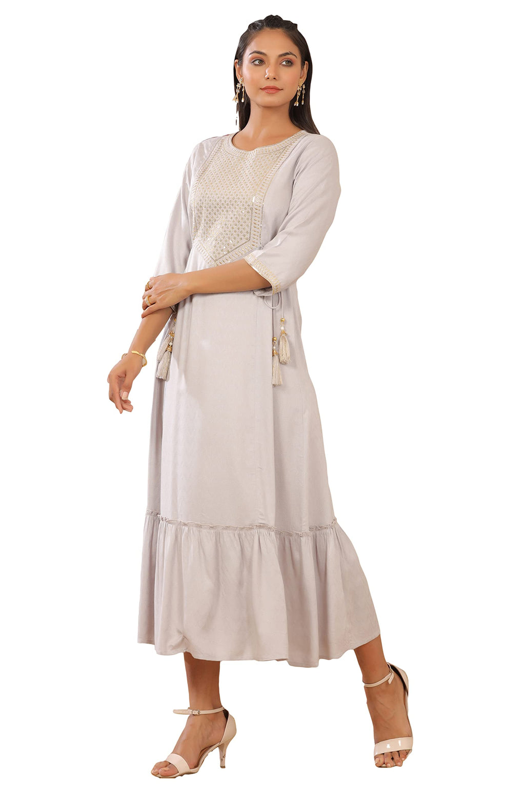 Juniper Women's Grey Zari Embroidered Rayon Dobby Maxi Dress - Distacart