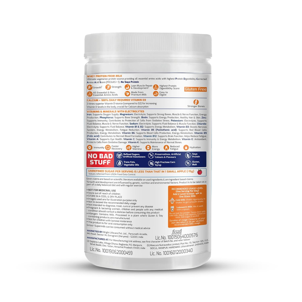 Gritzo SuperMilk Overall Growth (7-12y Boys), 9g Protein (Double Chocolate, Zero Refined Sugar, 20 Vitamins & Minerals - Distacart