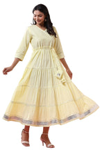 Juniper Women's Yellow Solid Pure Cotton Solid Tiered Maxi Dress With Gota Work Dori Tie-Up & Cushioned Tassels At Waist - Distacart