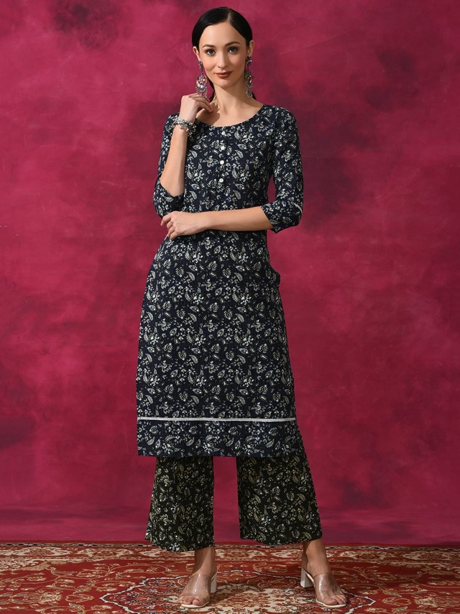 Aks Floral Printed Round Neck Kantha Work Detailed Pure Cotton Kurta with Palazzos