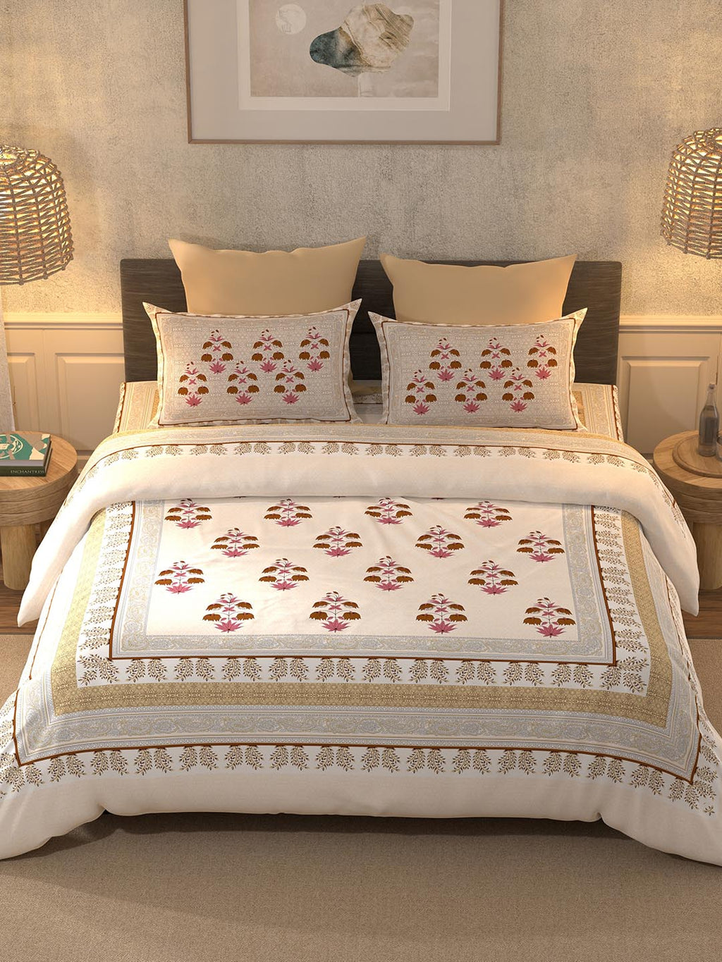 BELLA CASA Grey & Maroon Printed 350 TC Cotton King Bedsheet With 2 Pillow Covers