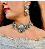 Silver-Plated Alloy Designer Round Motif Oxidised Necklace - The Pari