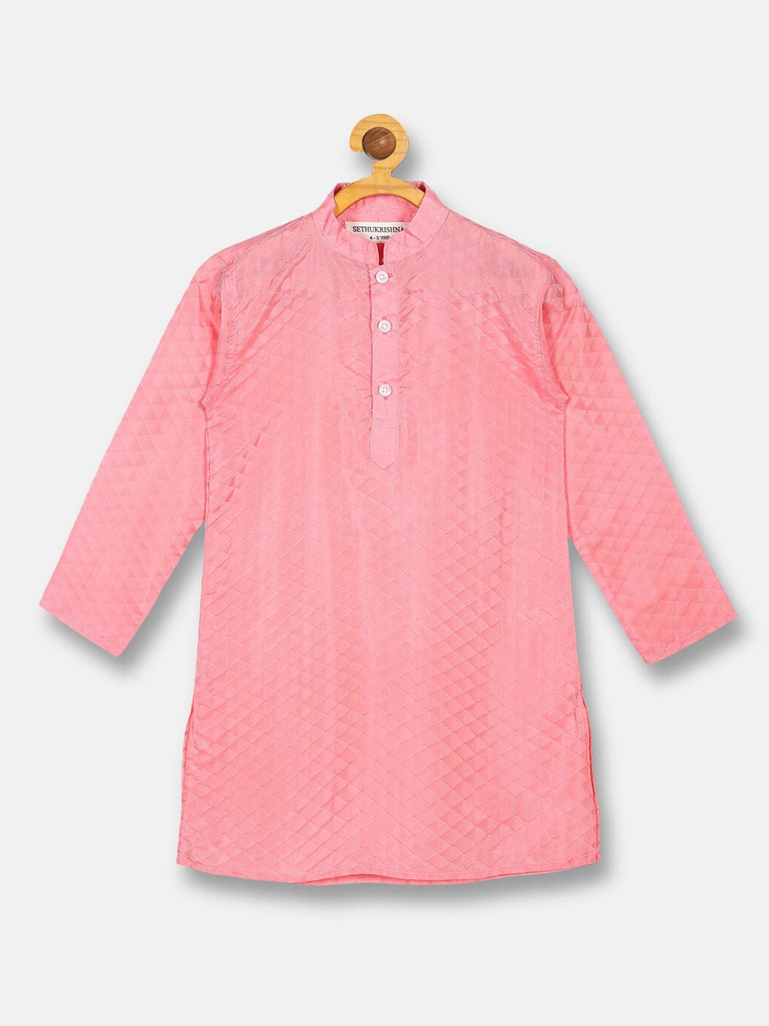Sethukrishna Boys Pink Self Design Jacquard Art Silk Kurta with Pyjamas