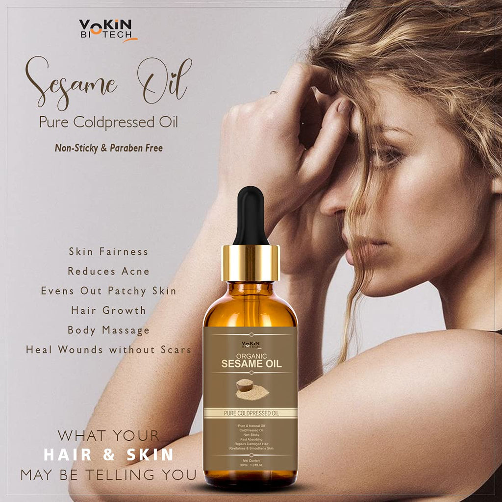 Vokin Biotech Organic Sesame Pure Cold Pressed Oil For Hair, Body, Skin Care, Massage,