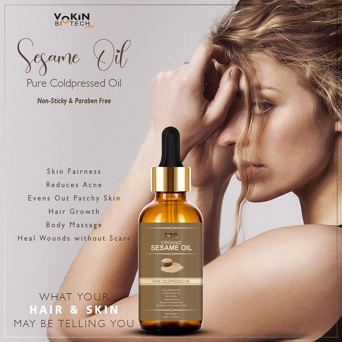Vokin Biotech Organic Sesame Pure Cold Pressed Oil For Hair, Body, Skin Care, Massage,