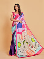Sangria Pink & Blue Abstract Printed Satin Saree - Distacart