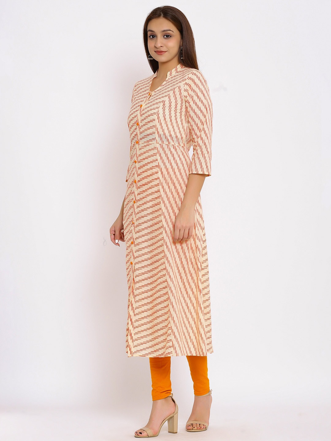 HERE&NOW Orange Mandarin Collar Striped A-Line Kurta