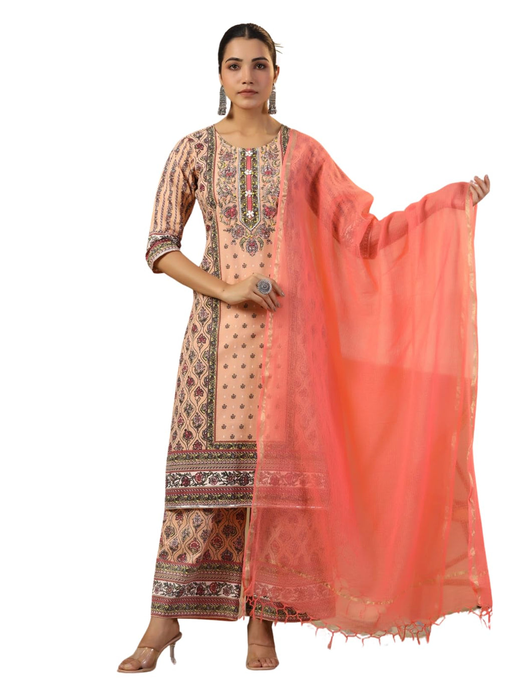 Juniper Women's Peach Ethnic Motif Printed Pure Cotton Kurta Palazzos & Kota Doria Dupatta With Beads & Sequins