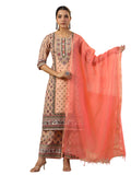 Juniper Women's Peach Ethnic Motif Printed Pure Cotton Kurta Palazzos & Kota Doria Dupatta With Beads & Sequins