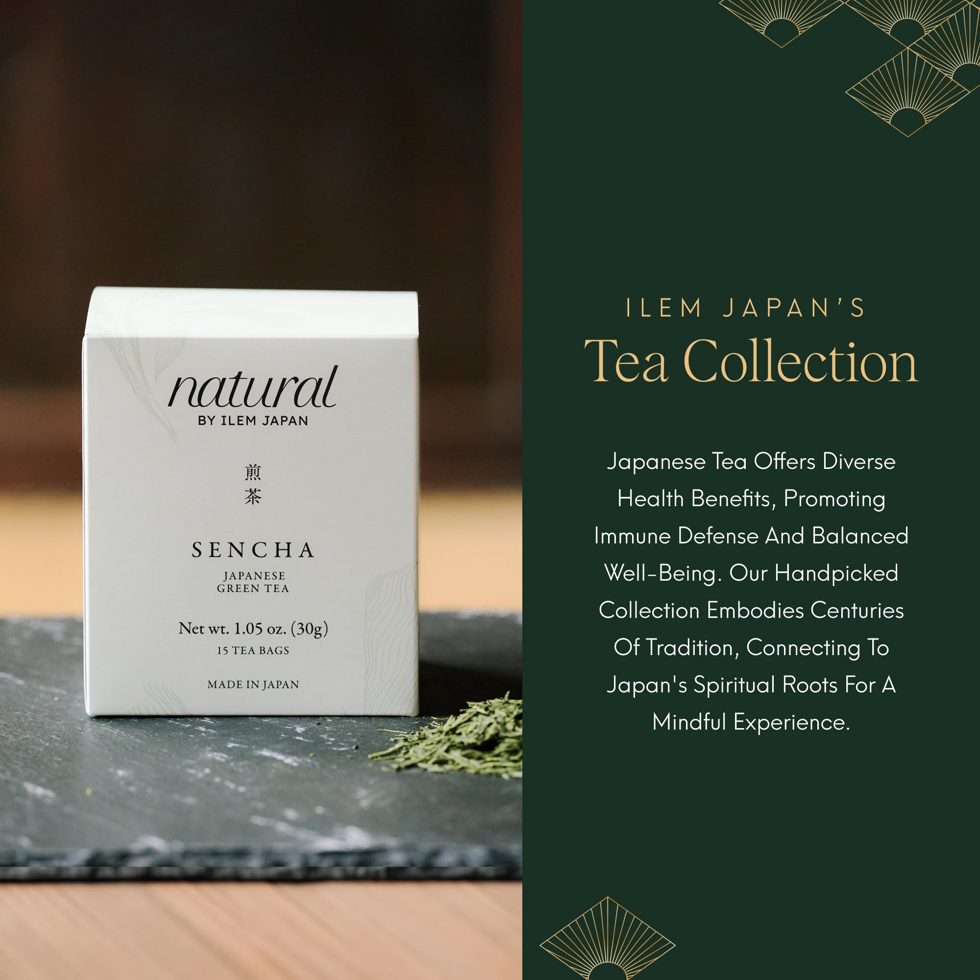 ILEM JAPAN Sencha Green Tea Bags, Organic Japanese, Loose Leaf, Green Tea, First Harvest, Smooth Taste, 15 Tea Bags (30 g)