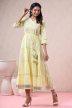 Juniper Women's Yellow Solid Pure Cotton Solid Tiered Maxi Dress With Gota Work Dori Tie-Up & Cushioned Tassels At Waist - Distacart