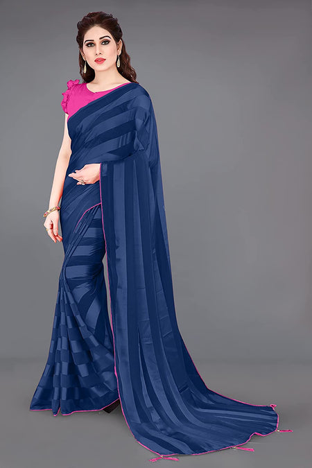 Mirchi Fashion Women'S Georgette Shiny Satin Stripes Laining Pattern Saree