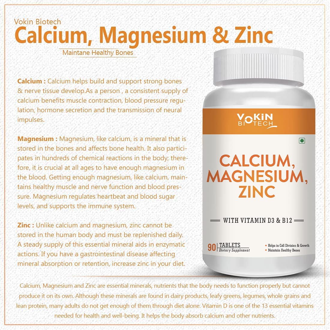 Vokin Biotech Calcium, Magnesium, Zinc, D3 & B12-Tablets