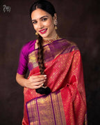 DEIANA'S Beautiful Designer Golden zari Soft Lichi Silk Saree - Red