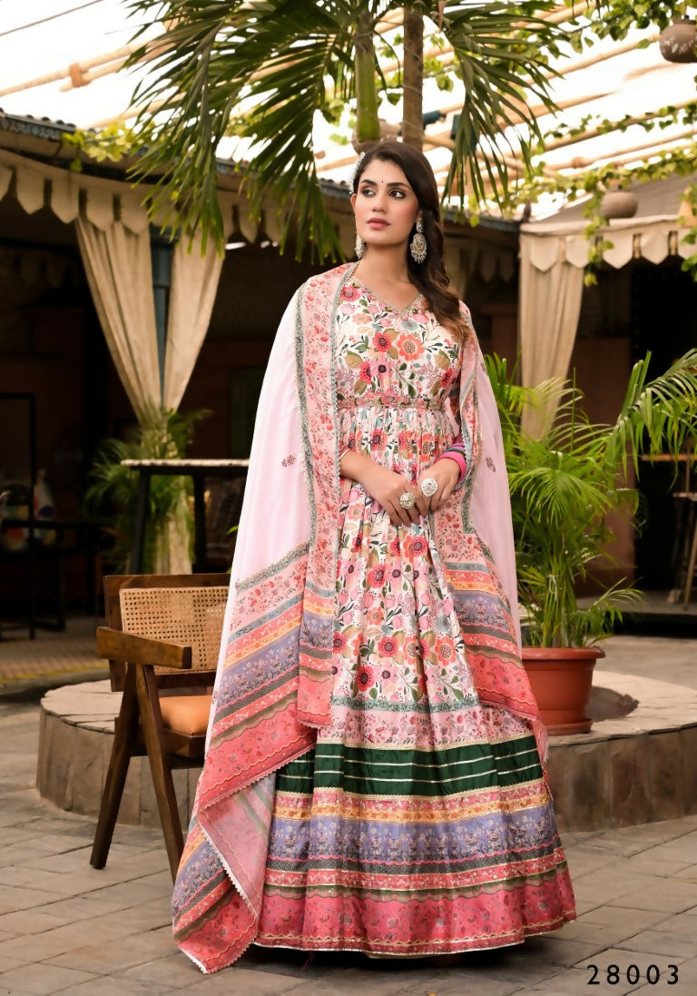 Wedding Designer Multi Soft Dola Silk Anarkali suit with Dupatta - Sanj