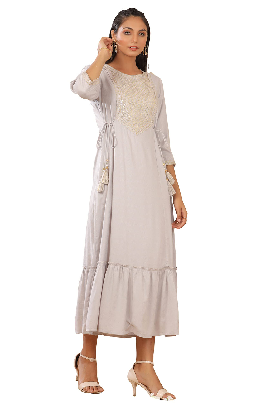 Juniper Women's Grey Zari Embroidered Rayon Dobby Maxi Dress - Distacart