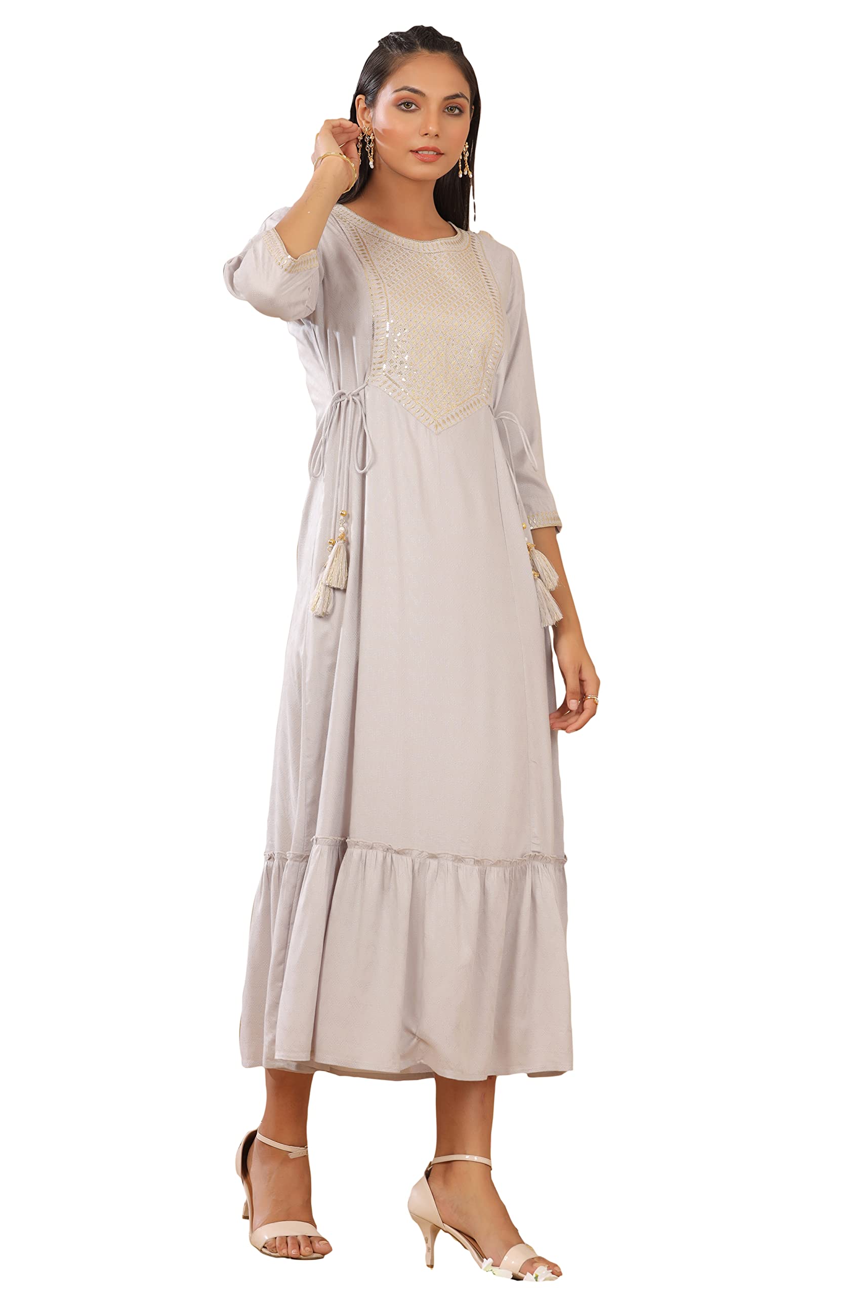 Juniper Women's Grey Zari Embroidered Rayon Dobby Maxi Dress - Distacart