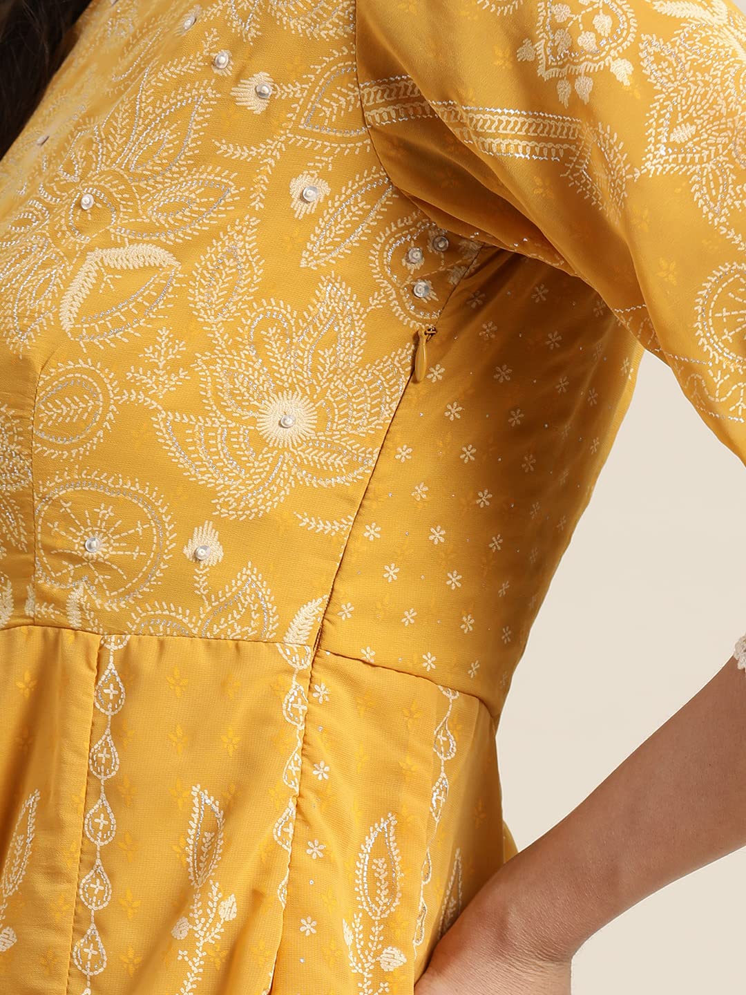 Juniper Women's Yellow Floral Printed Georgette Maxi Dress With Beads Kantha Work & Sequins At Neckline - Distacart