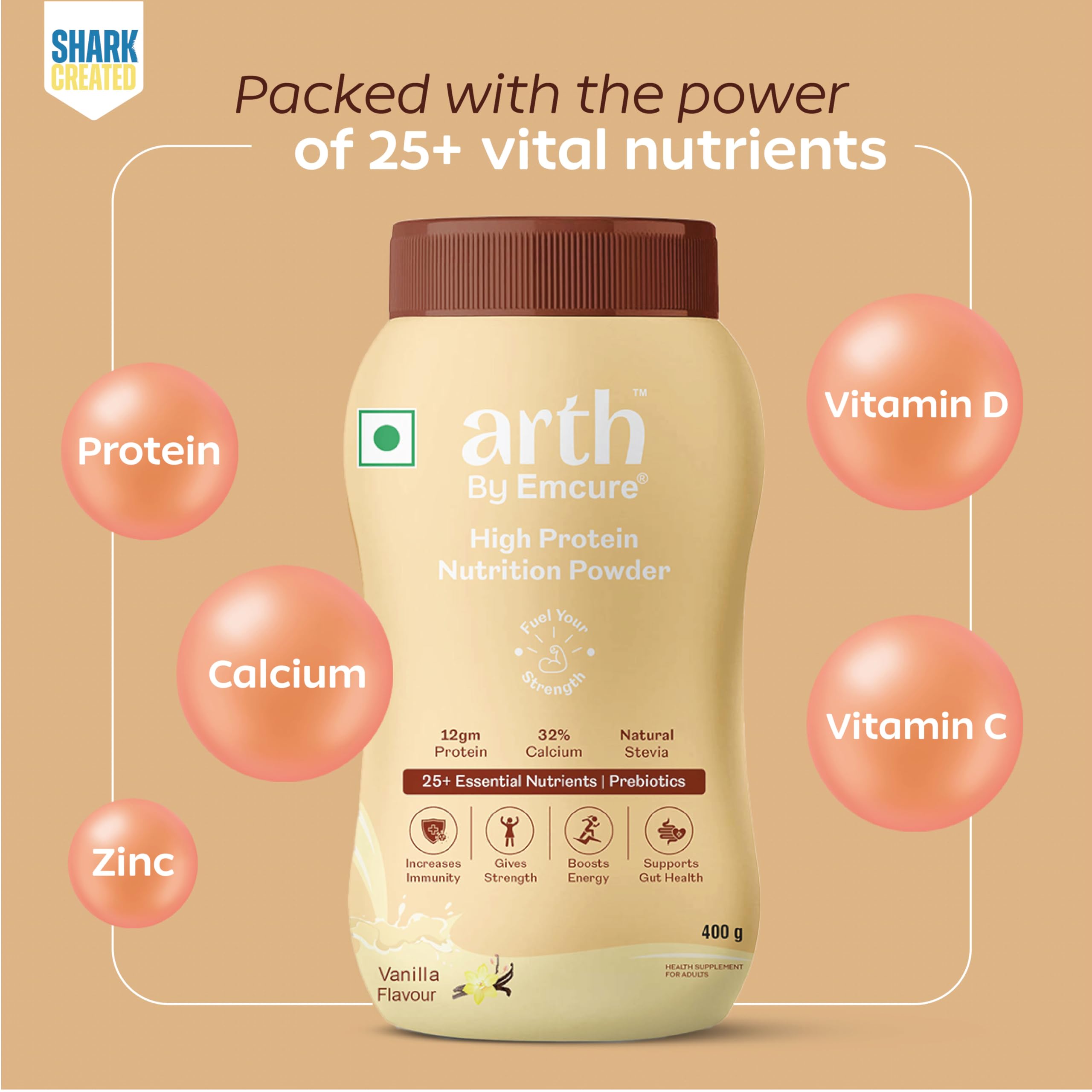 Arth High Protein Nutrition Powder | 12g Protein per Serving | 25+ Essential Nutrients with Prebiotic | No Added Sugar | Supports Energy, Strength & Immunity | 400gm (Vanilla Flavour)