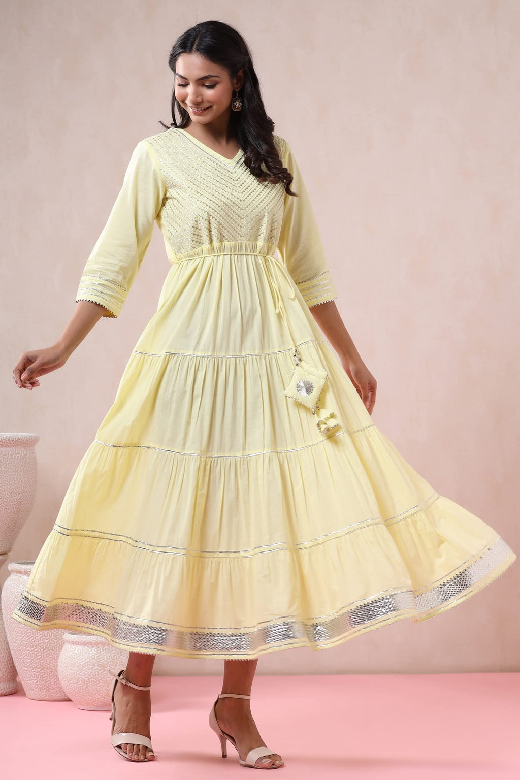 Juniper Women's Yellow Solid Pure Cotton Solid Tiered Maxi Dress With Gota Work Dori Tie-Up & Cushioned Tassels At Waist - Distacart
