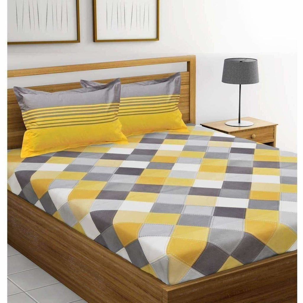 Cotton Double Bedsheet with 2 Pillow Covers - Yellow and Grey