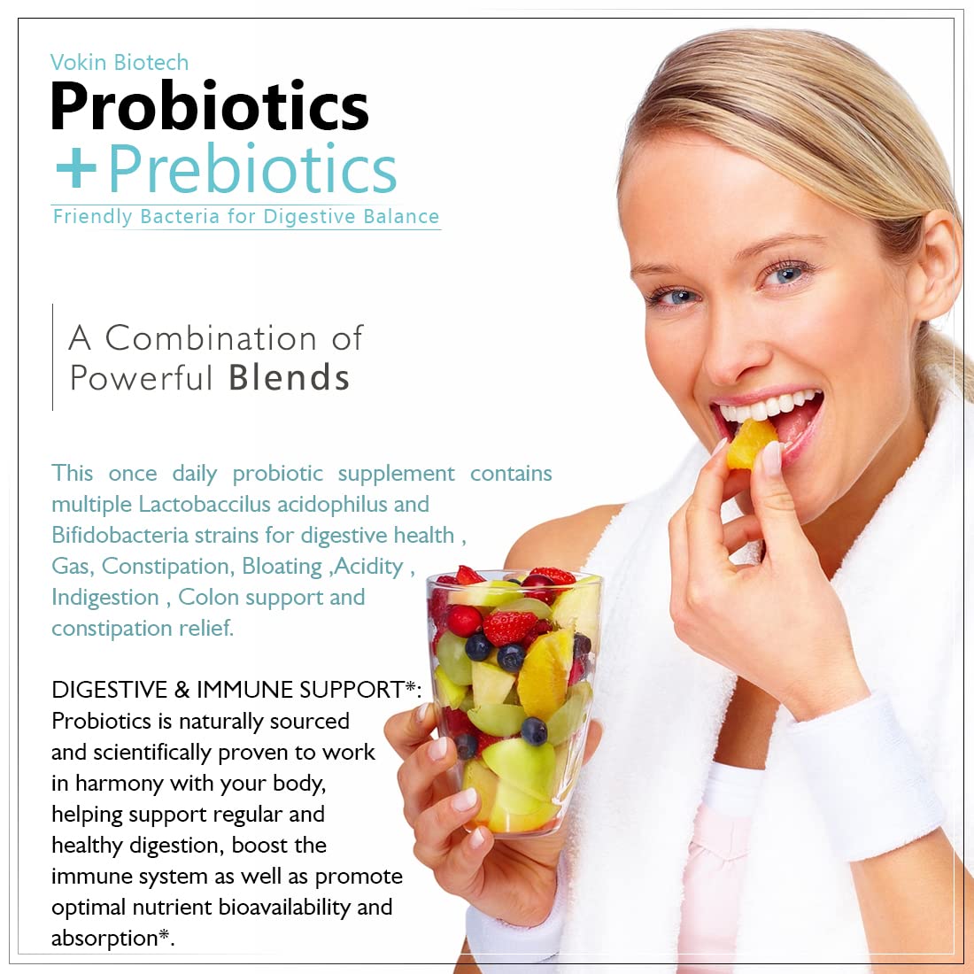 Vokin Biotech Probiotics+ Prebiotics Supplement 50 Billion Cfu For Women & Men With Prebiotics 150 mg | Probiotic Capsules For Digestion Support, Gut Health And Immunity