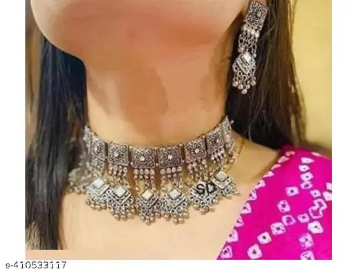 Tehzeeb Creations Women's Silver Colour Oxidised Necklace Set With Mirror Work