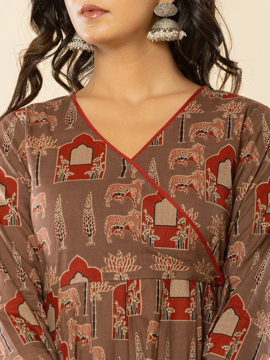 Yufta Brown Cotton Angrakha Style Kurta With Dobby Dupatta Set - Distacart